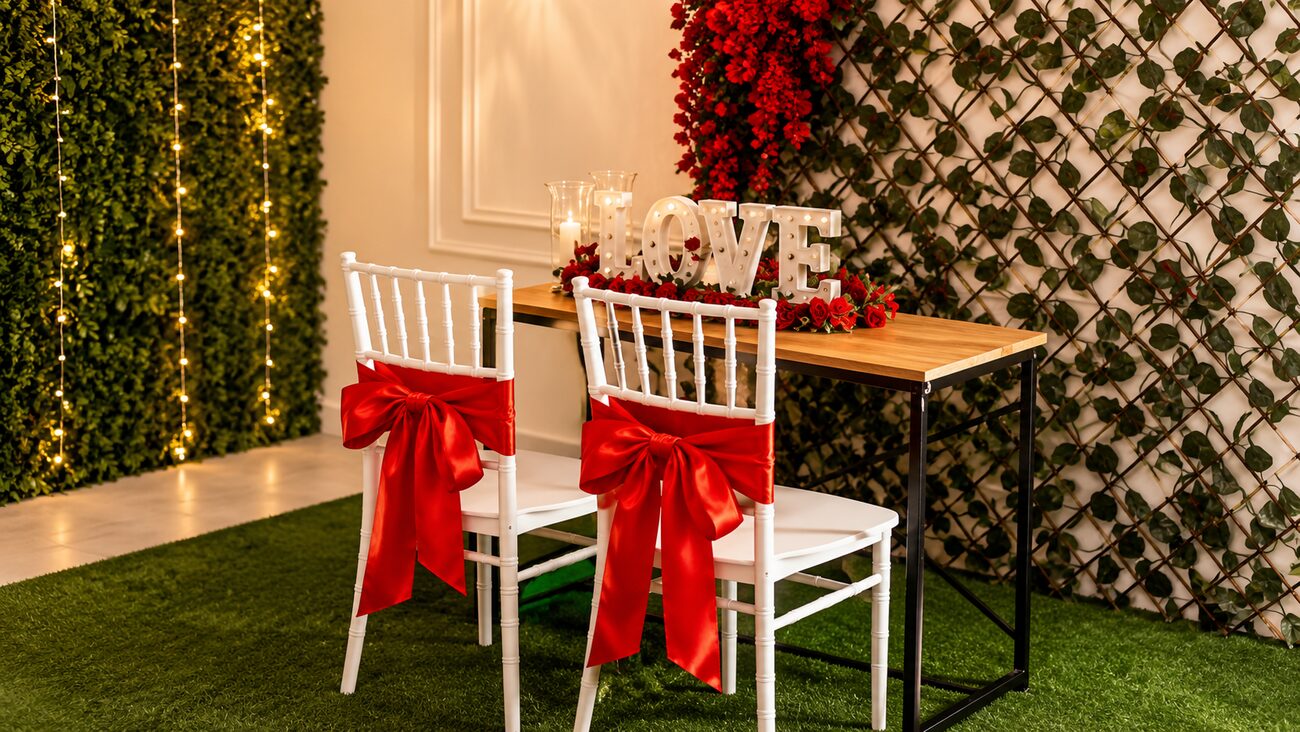 Montaje elegante para boda con decoración romántica
